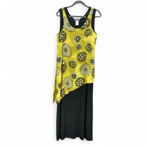 Artsy Boho Abstract Print Dress Black Layered Asymmetrical Midi Vintage XL